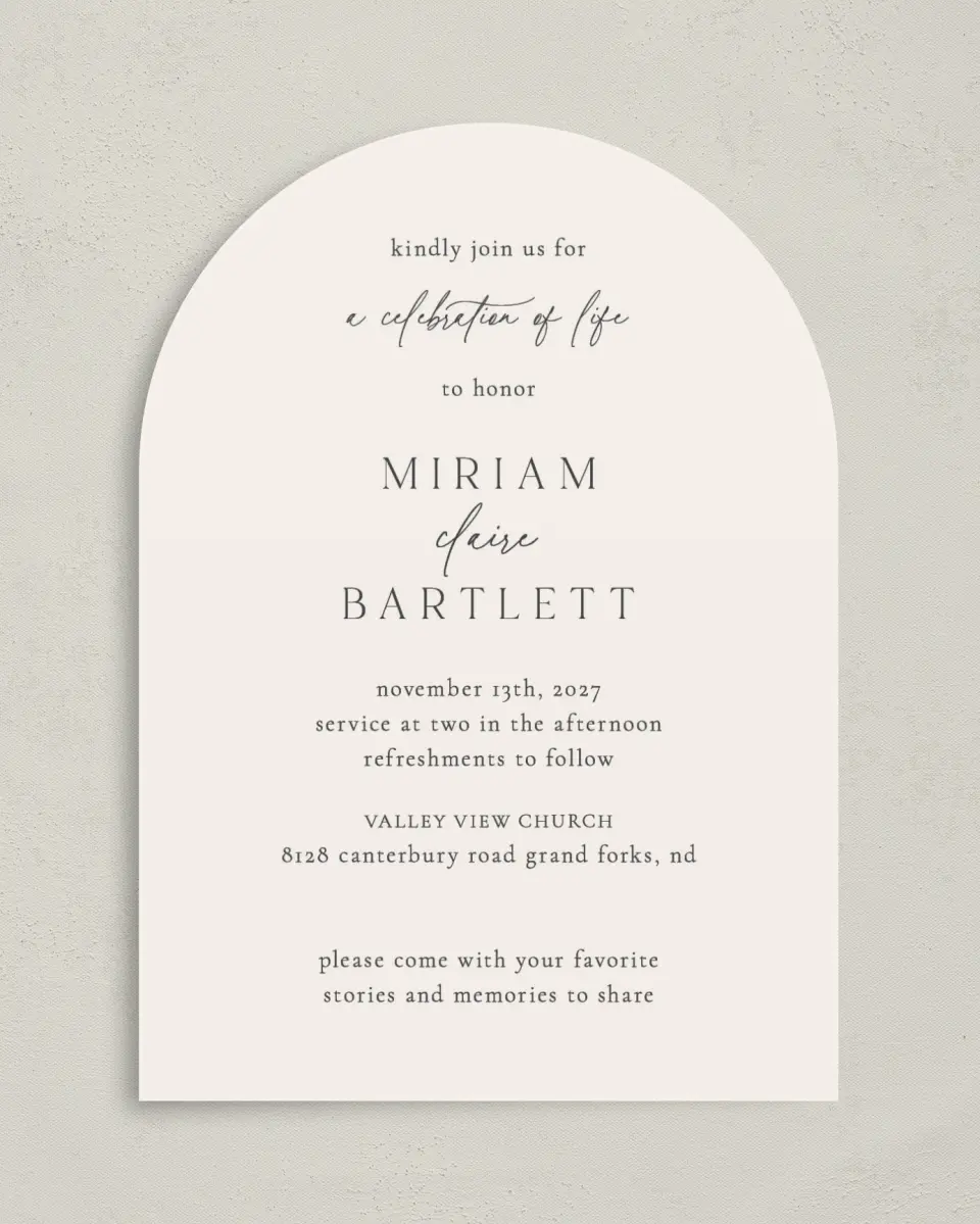This is a 5" x 7" Celebration of Life Invitation called Cherished Life printed in full color on Luxe Satin paper