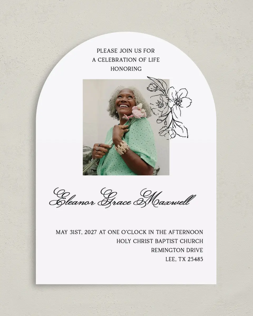 This is a 5" x 7" Celebration of Life Invitation called Peaceful Petals printed in full color on Luxe Satin paper