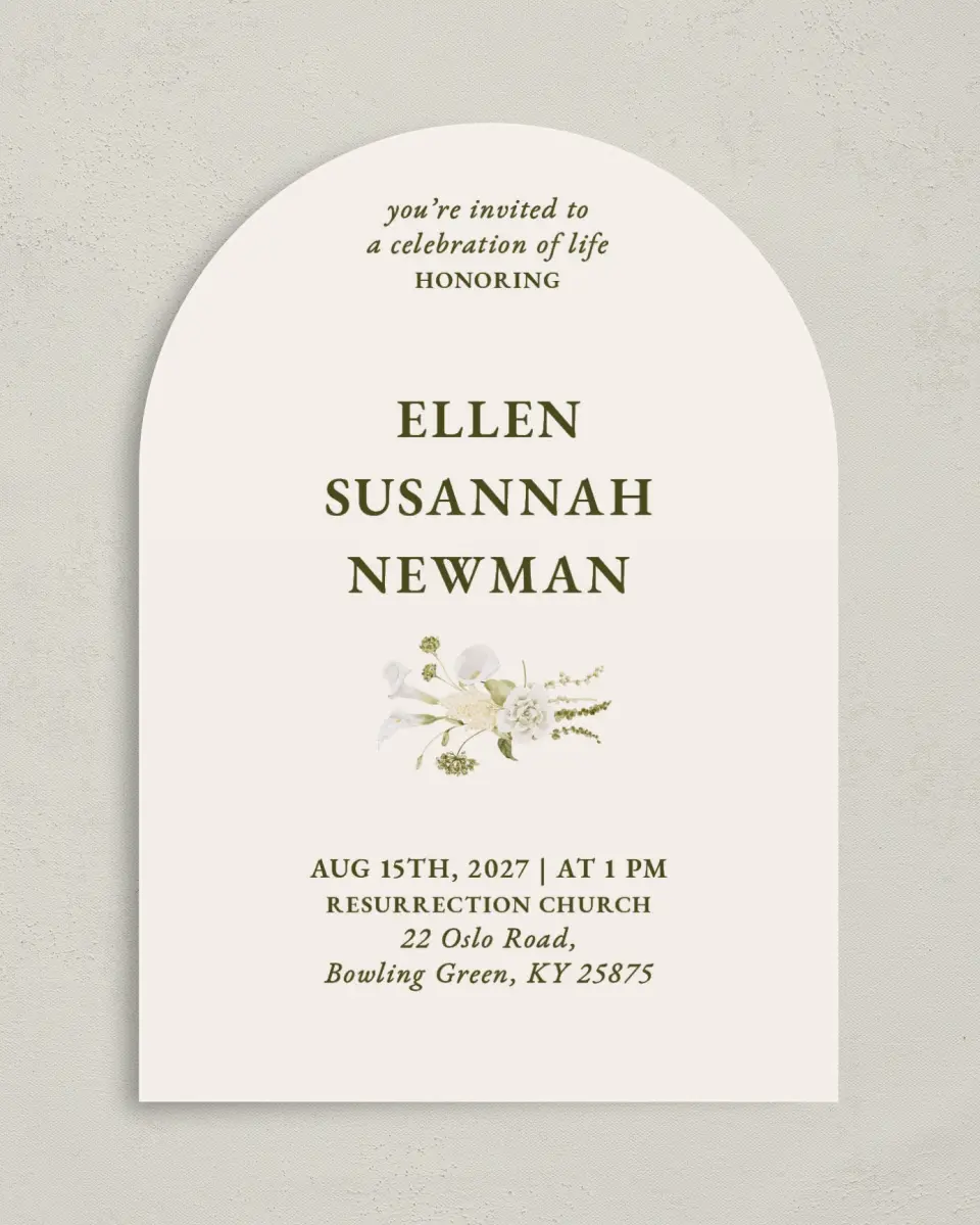 This is a 5" x 7" Celebration of Life Invitation called Lovely Lilies printed in full color on Luxe Satin paper