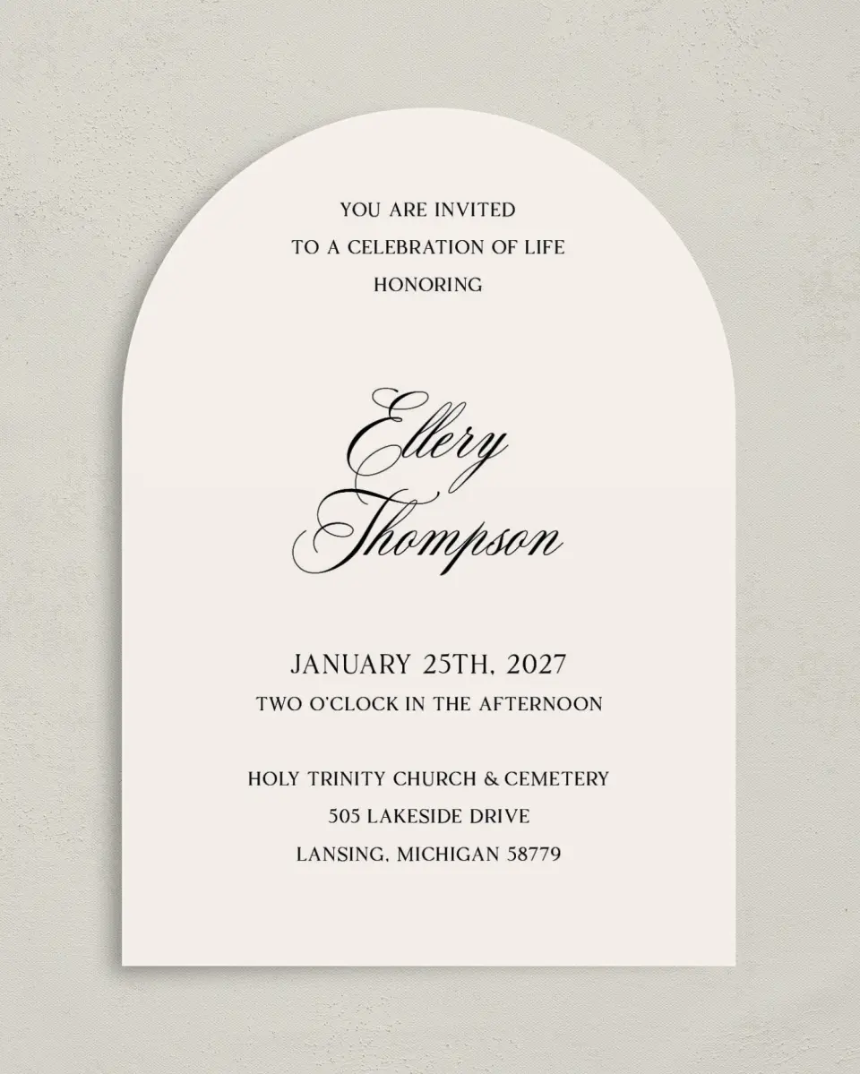 This is a 5" x 7" Celebration of Life Invitation called New Light printed in full color on Luxe Satin paper