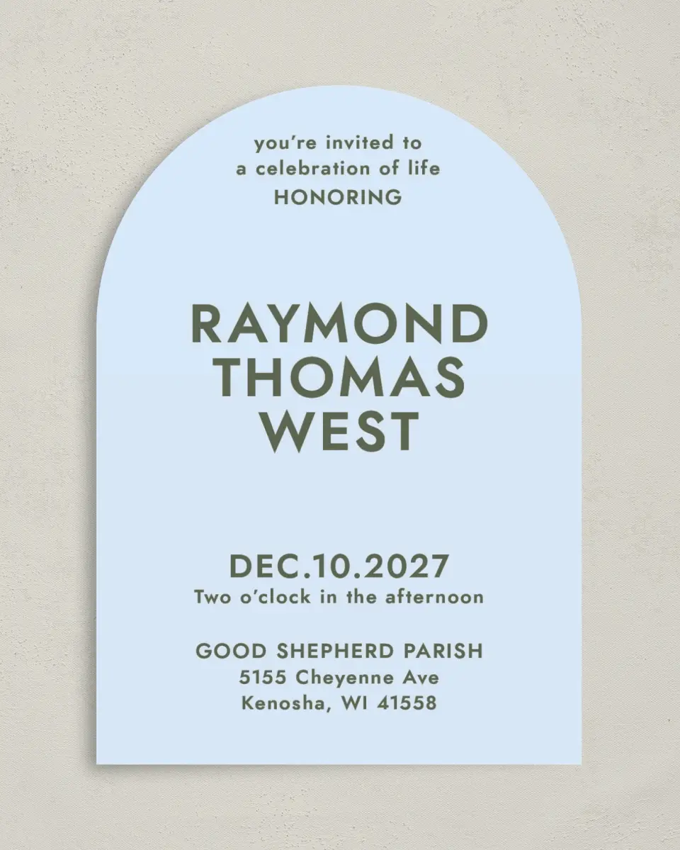 This is a 5" x 7" Celebration of Life Invitation called Typed Memories printed in full color on Luxe Satin paper