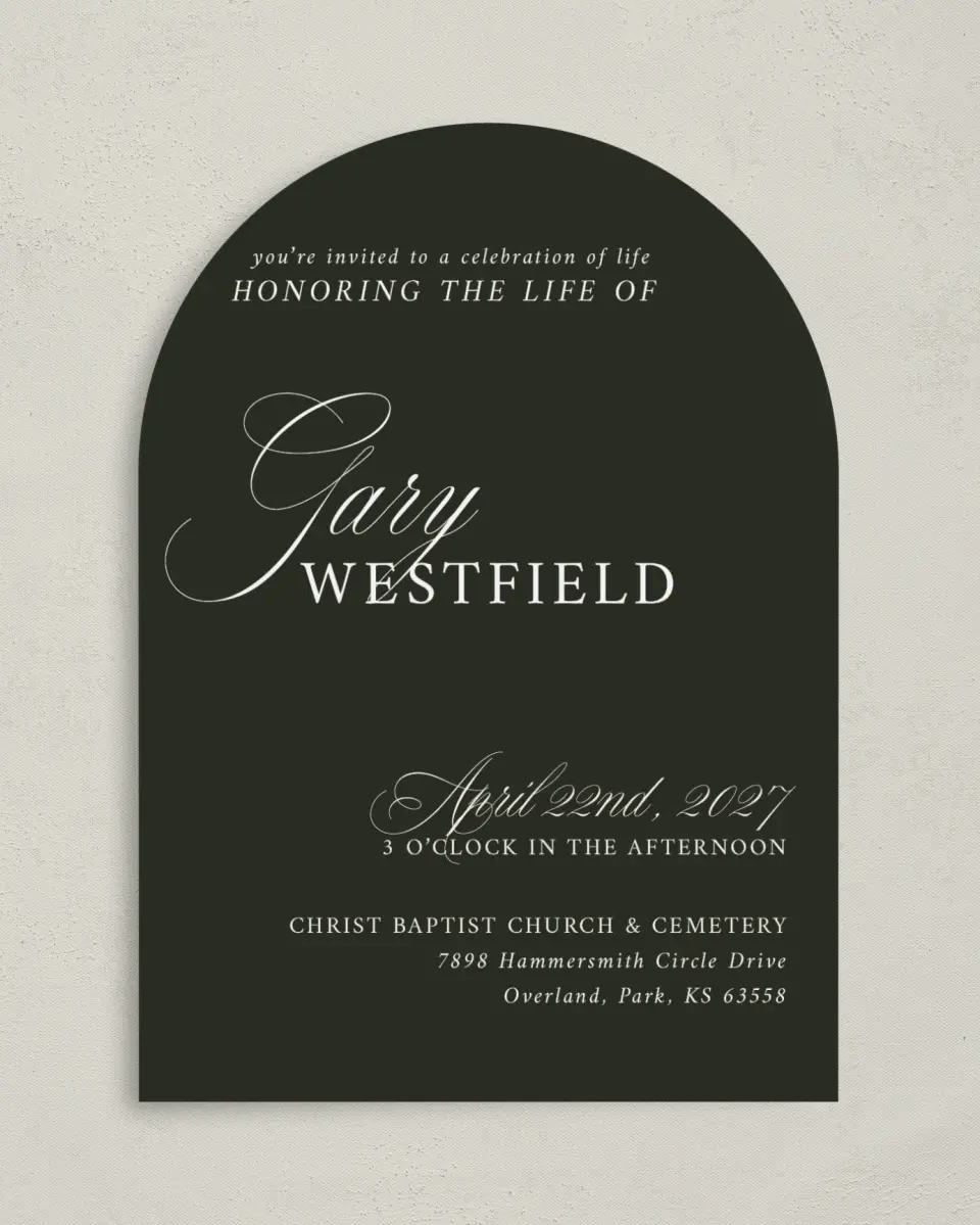 This is a 5" x 7" Celebration of Life Invitation called Leaving a Legacy printed in full color with Gold foil on Luxe Satin paper