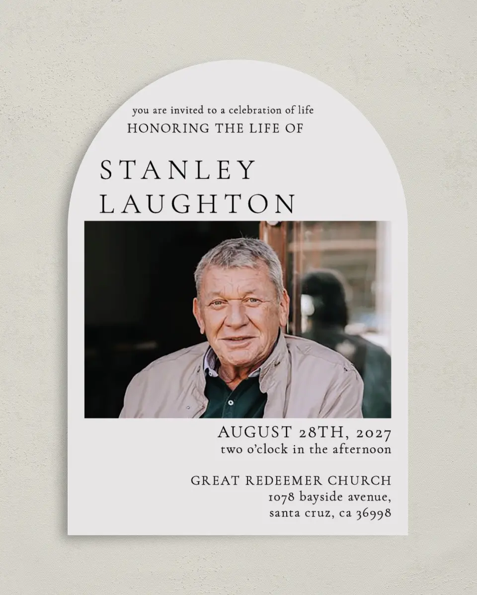 This is a 5" x 7" Celebration of Life Invitation called Remembered Well printed in full color on Luxe Satin paper