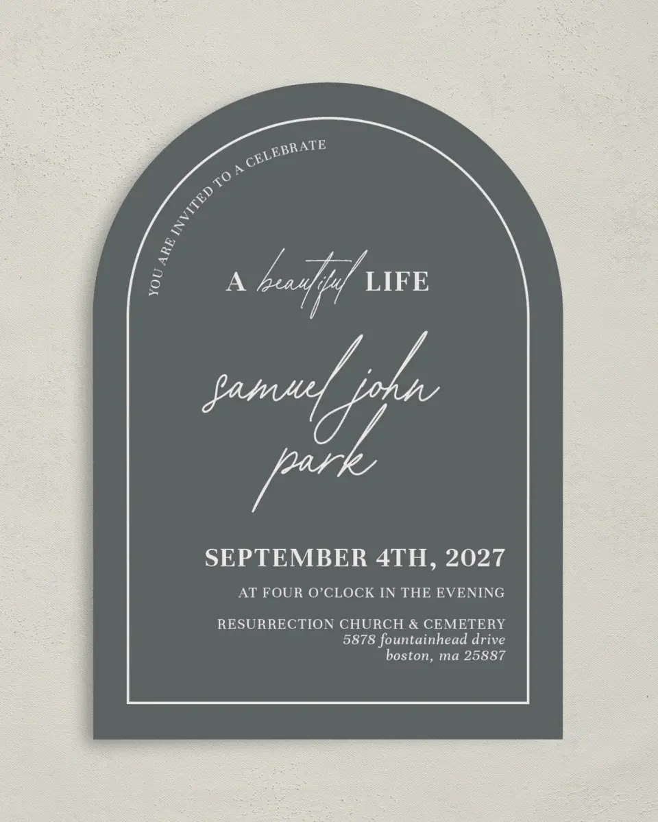 This is a 5" x 7" Celebration of Life Invitation called Remembered Forever printed in full color on Luxe Satin paper