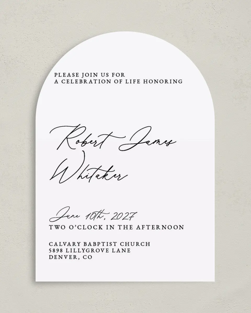 This is a 5" x 7" Celebration of Life Invitation called Held & Loved printed in full color on Luxe Satin paper
