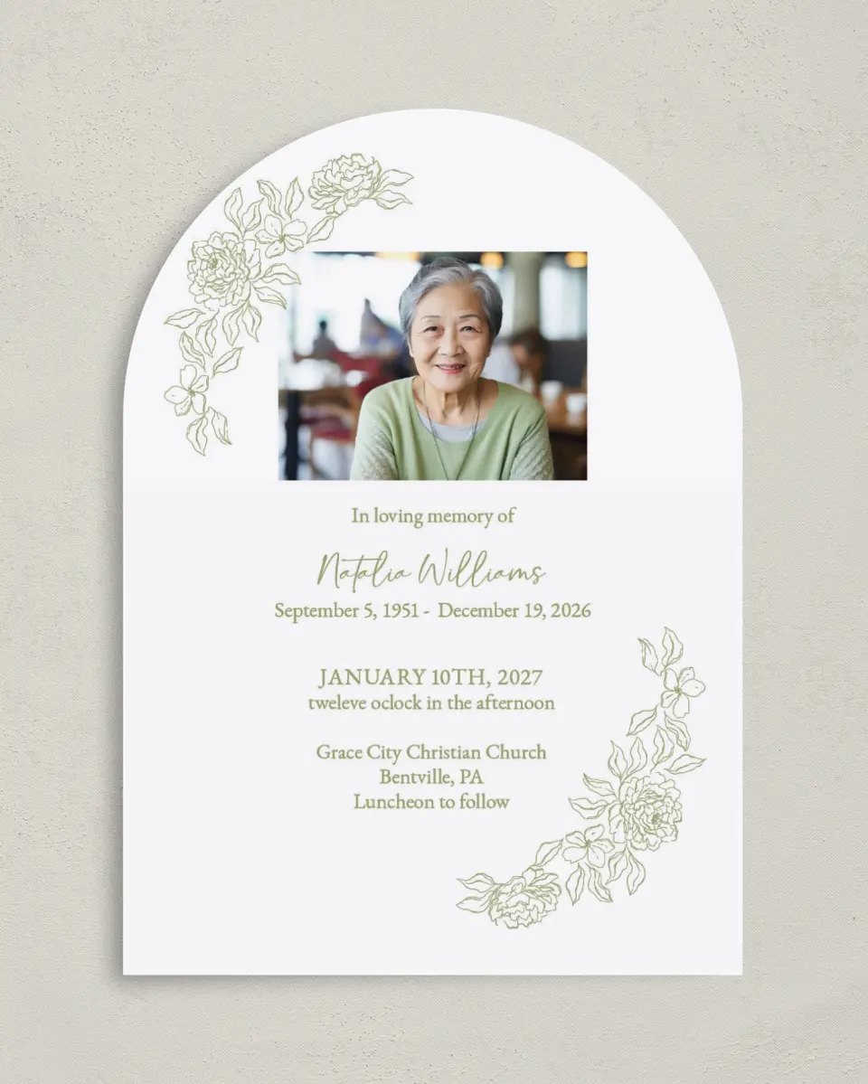 This is a 5" x 7" Celebration of Life Invitation called Forever Flourishing printed in full color on Luxe Satin paper