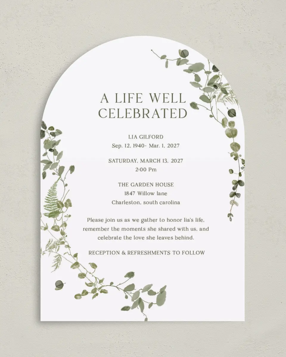 This is a 5" x 7" Celebration of Life Invitation called Life Legacy printed in full color on Luxe Satin paper