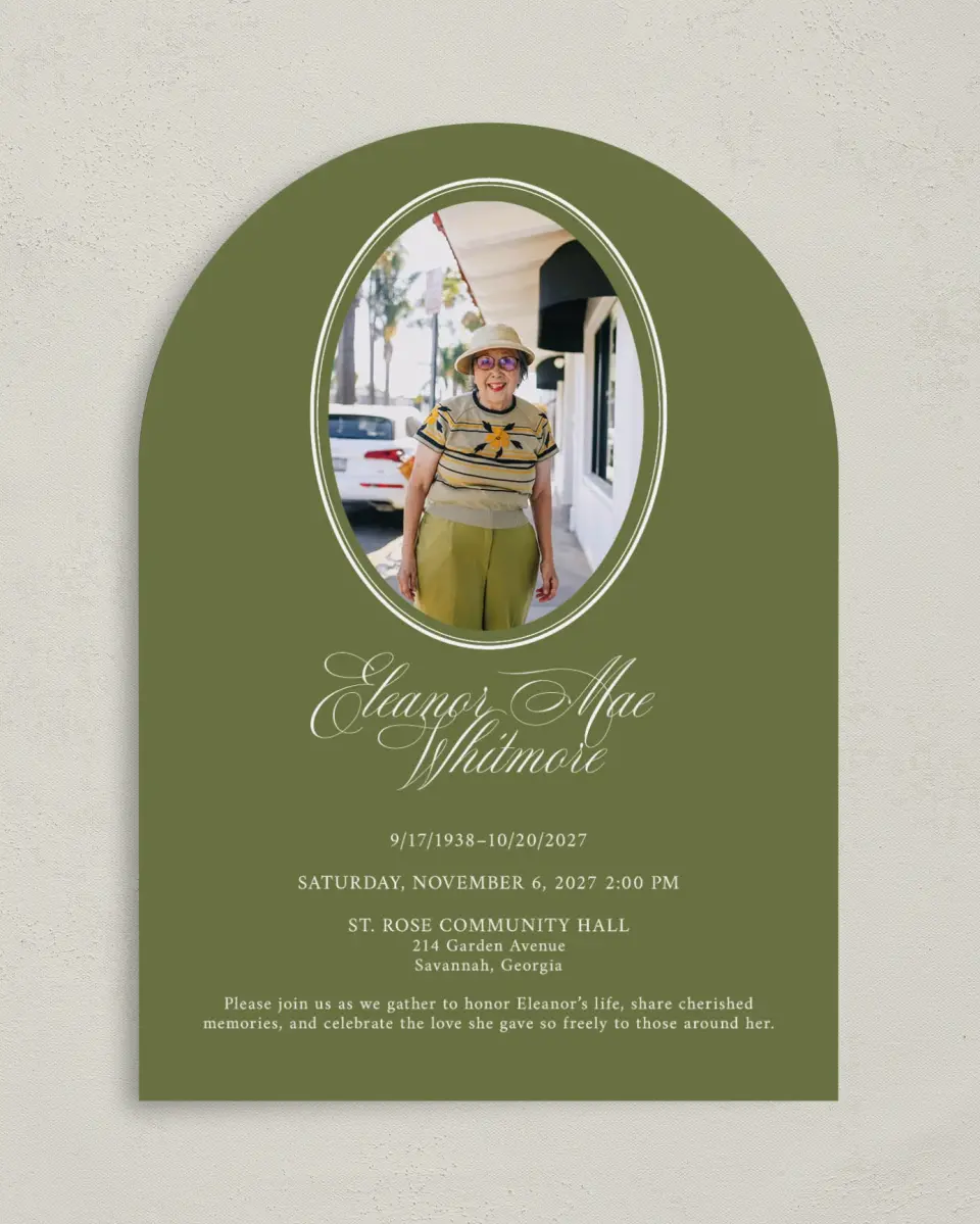 This is a 5" x 7" Celebration of Life Invitation called In Remembrance printed in full color on Luxe Satin paper