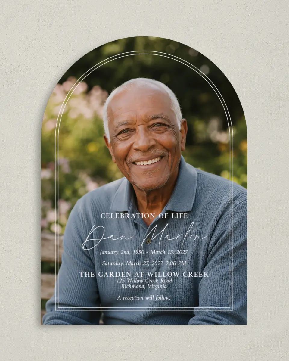 This is a 5" x 7" Celebration of Life Invitation called In Memory printed in full color on Luxe Satin paper