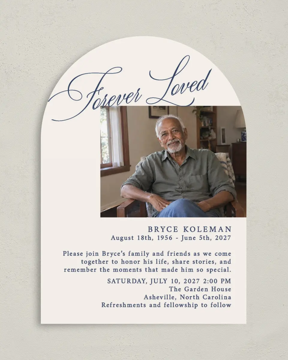 This is a 5" x 7" Celebration of Life Invitation called Forever Loved printed in full color on Luxe Satin paper