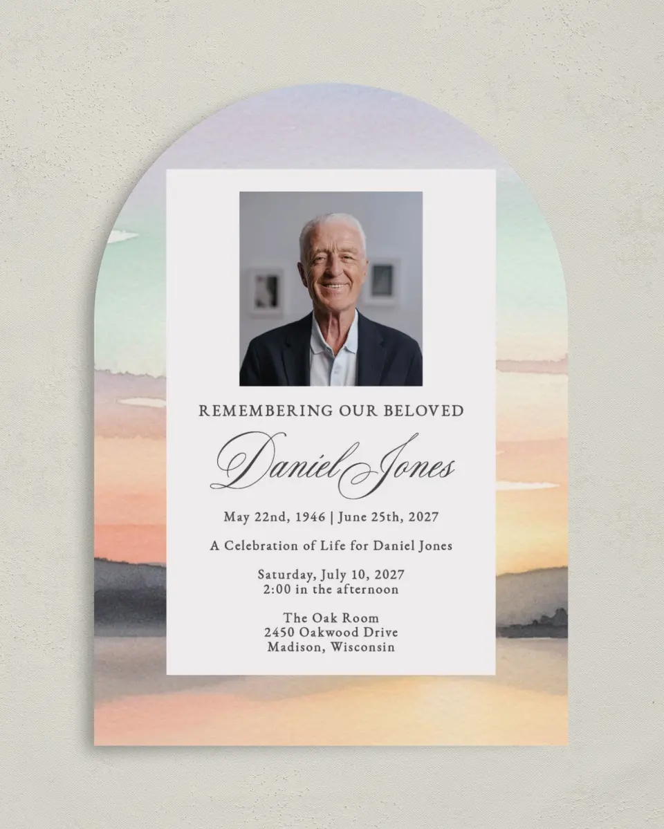 This is a 5" x 7" Celebration of Life Invitation called Our Beloved printed in full color on Luxe Satin paper