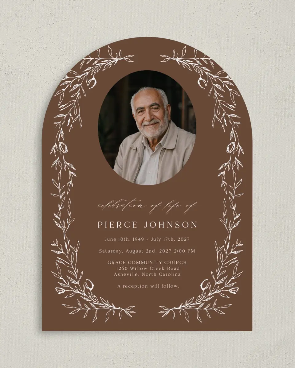 This is a 5" x 7" Celebration of Life Invitation called With Loving Memory printed in full color on Luxe Satin paper