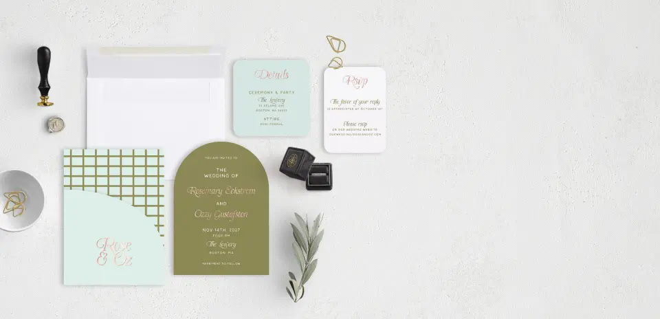 Stacked Wedding Invitations with pocket and coordinating items