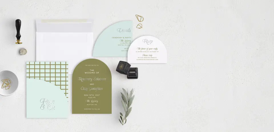 Stacked Wedding Invitations with pocket and coordinating items