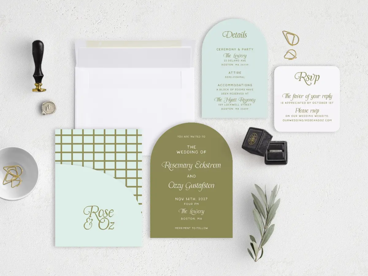 Stacked Wedding Invitations with pocket and coordinating items