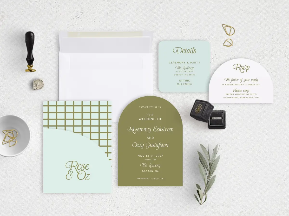 Stacked Wedding Invitations with pocket and coordinating items