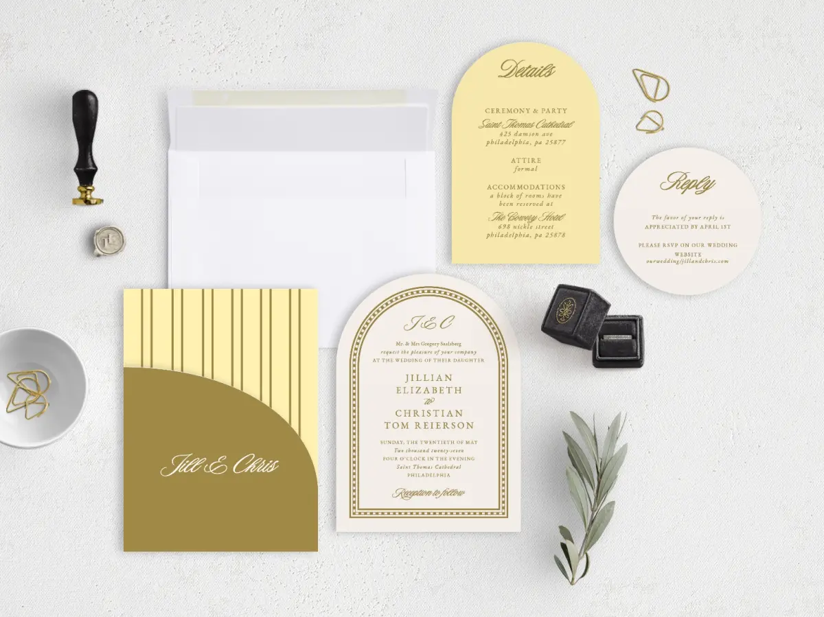 Stacked Wedding Invitations with pocket and coordinating items