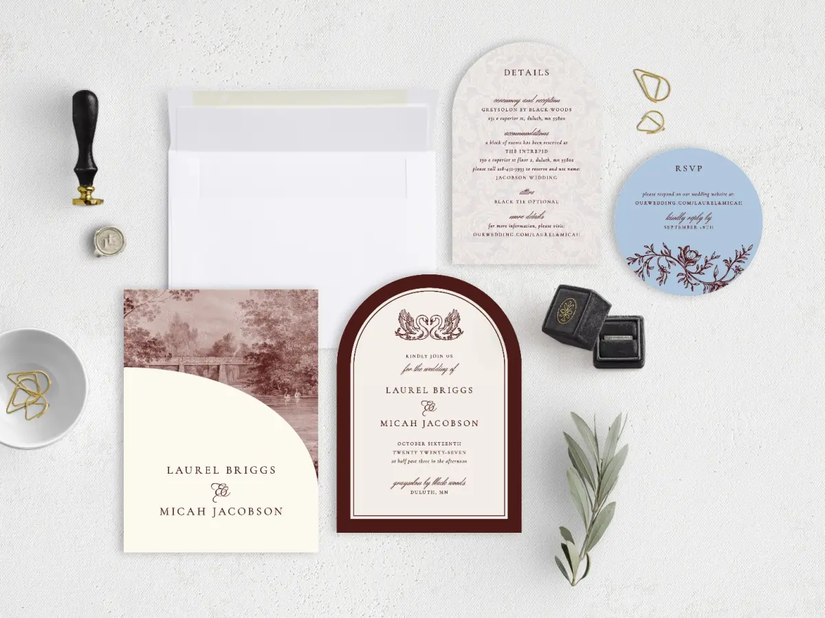 Stacked Wedding Invitations with pocket and coordinating items
