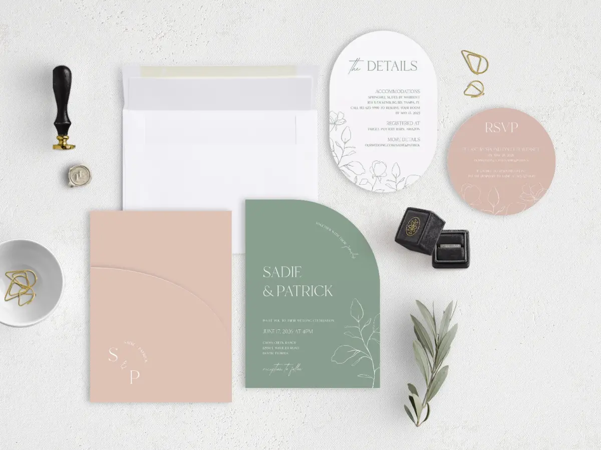 Stacked Wedding Invitations with pocket and coordinating items