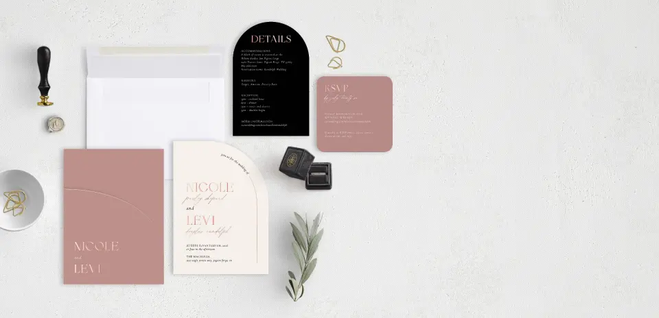 Stacked Wedding Invitations with pocket and coordinating items