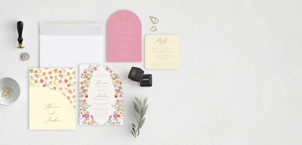 Stacked Wedding Invitations with pocket and coordinating items