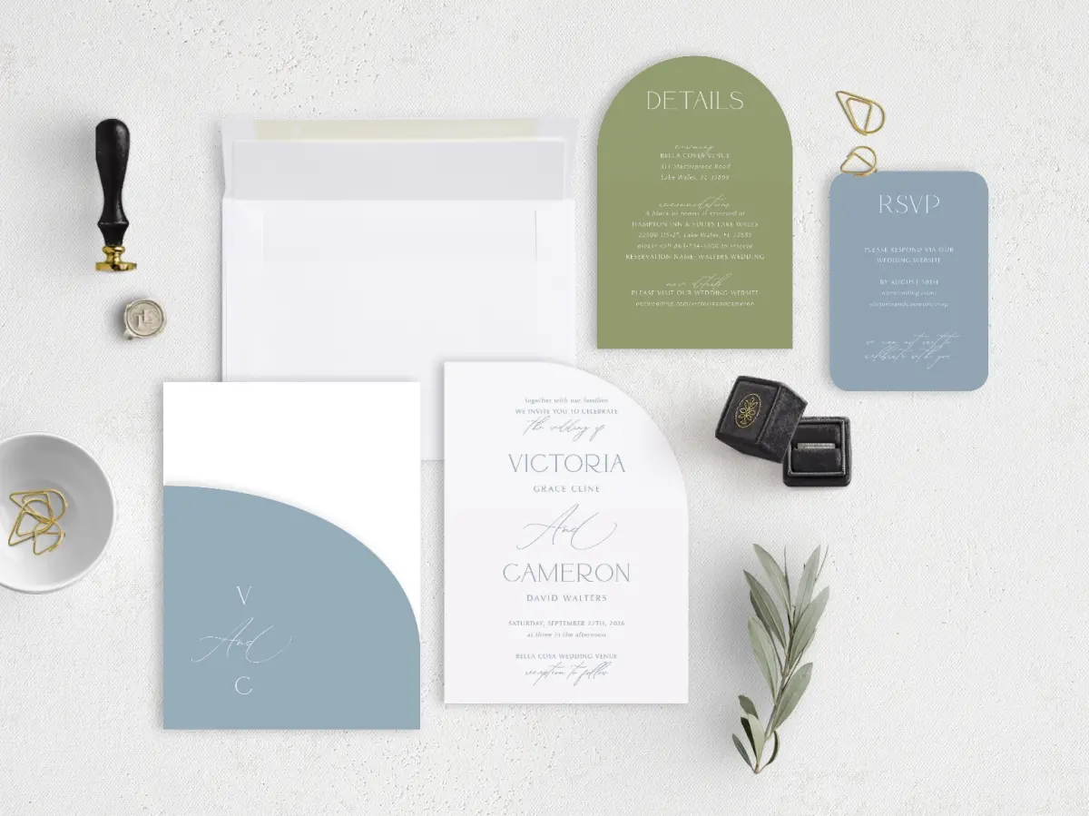 Stacked Wedding Invitations with pocket and coordinating items