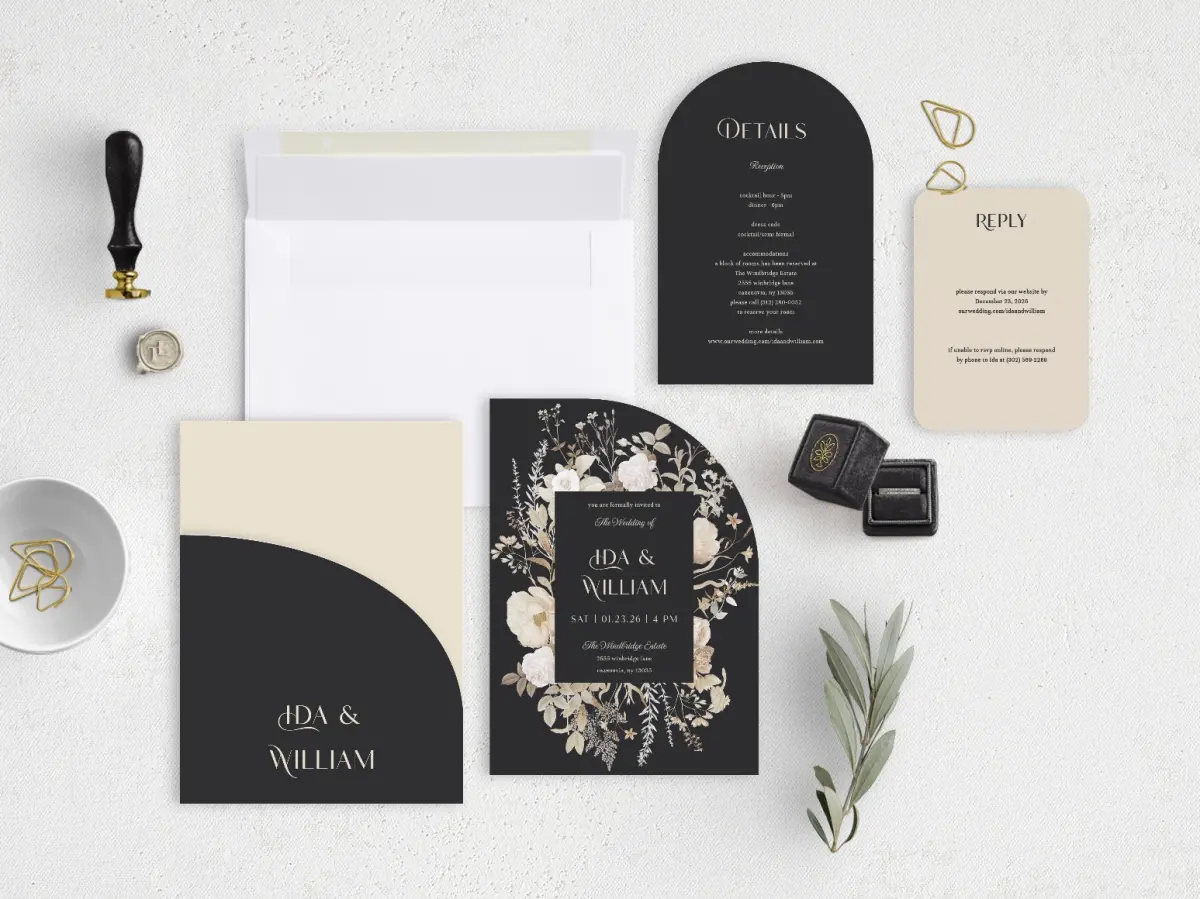 Stacked Wedding Invitations with pocket and coordinating items