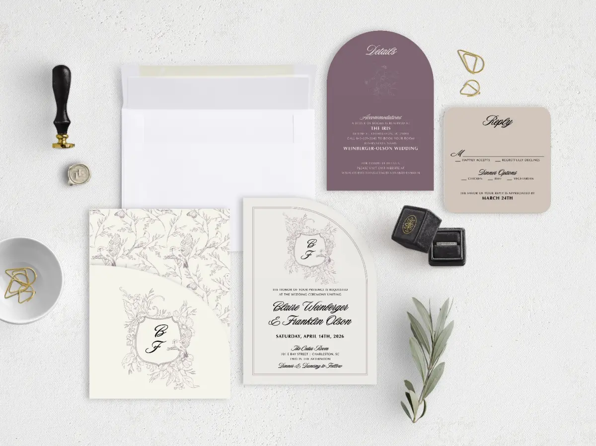 Stacked Wedding Invitations with pocket and coordinating items
