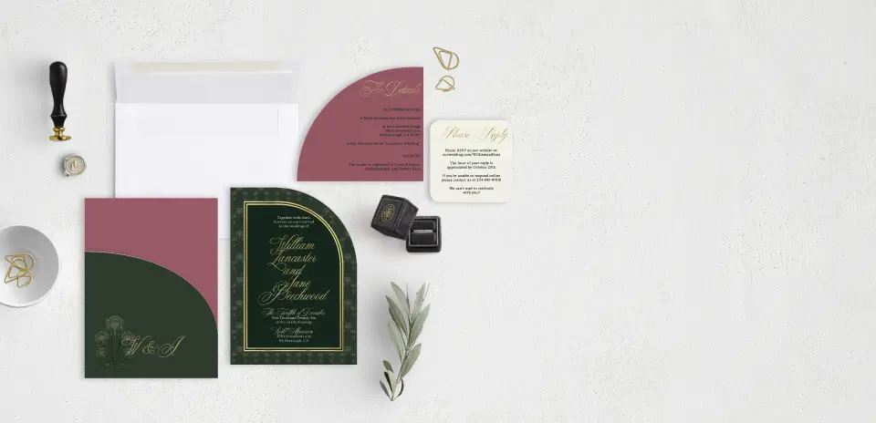 Stacked Wedding Invitations with pocket and coordinating items