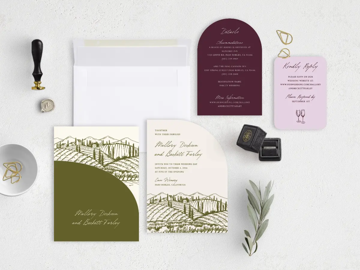 Stacked Wedding Invitations with pocket and coordinating items