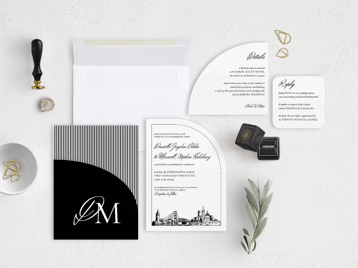 Stacked Wedding Invitations with pocket and coordinating items