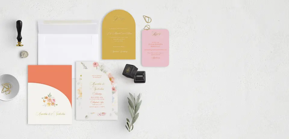 Stacked Wedding Invitations with pocket and coordinating items