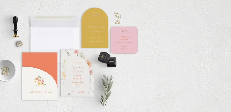 Stacked Wedding Invitations with pocket and coordinating items