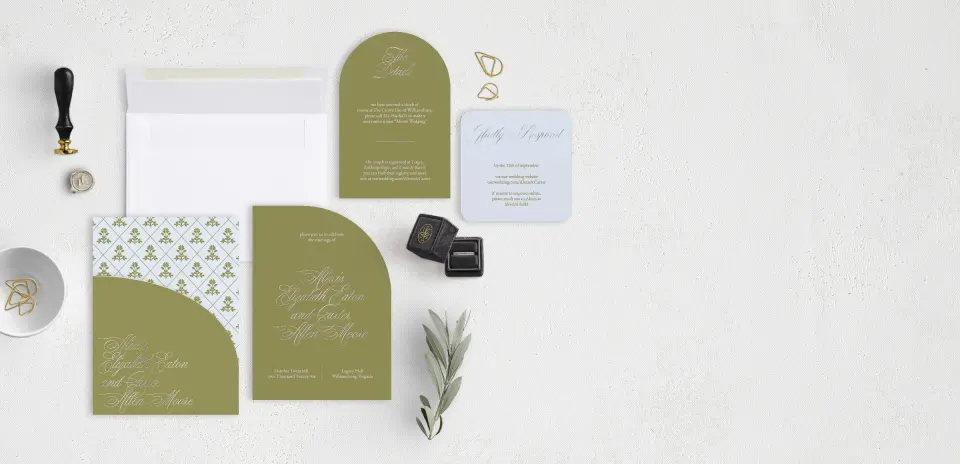 Stacked Wedding Invitations with pocket and coordinating items