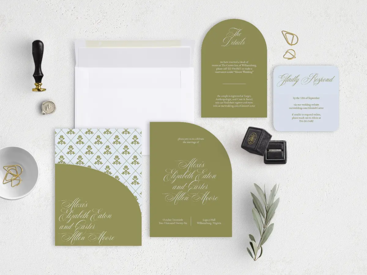 Stacked Wedding Invitations with pocket and coordinating items