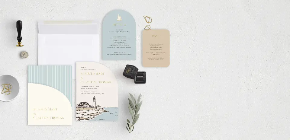 Stacked Wedding Invitations with pocket and coordinating items