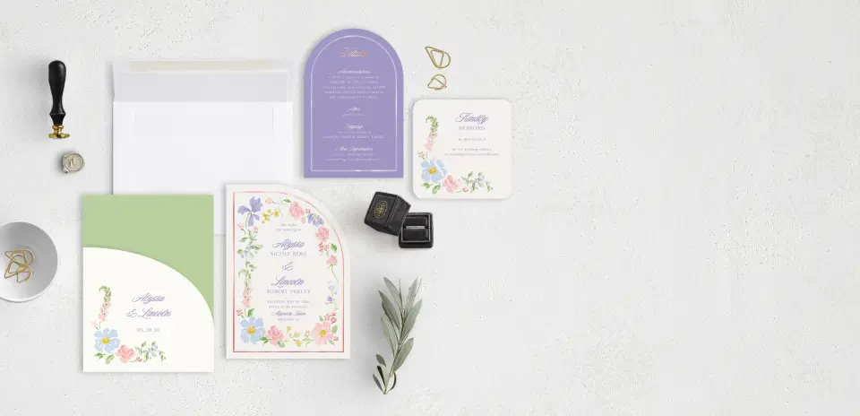 Stacked Wedding Invitations with pocket and coordinating items
