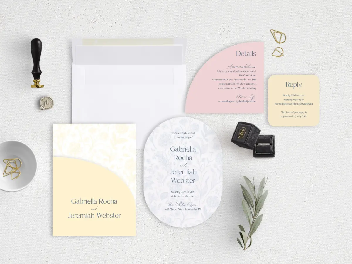 Stacked Wedding Invitations with pocket and coordinating items