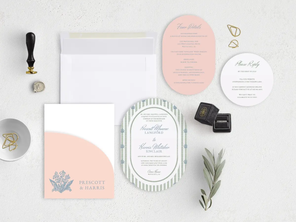 Stacked Wedding Invitations with pocket and coordinating items