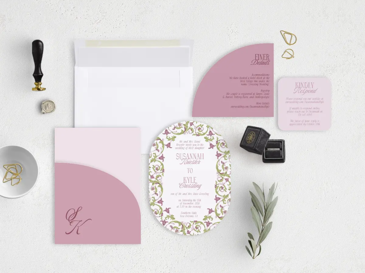 Stacked Wedding Invitations with pocket and coordinating items