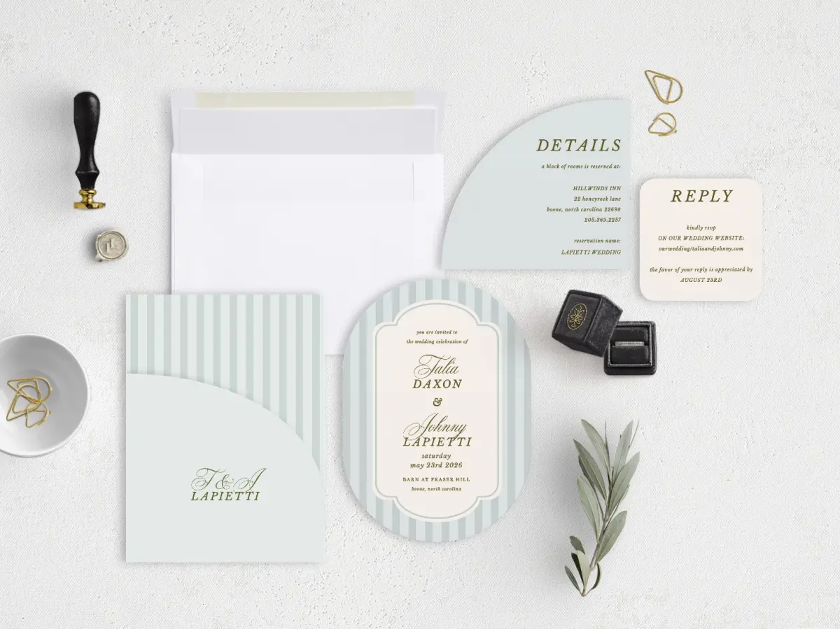 Stacked Wedding Invitations with pocket and coordinating items