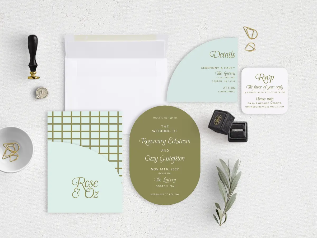 Stacked Wedding Invitations with pocket and coordinating items