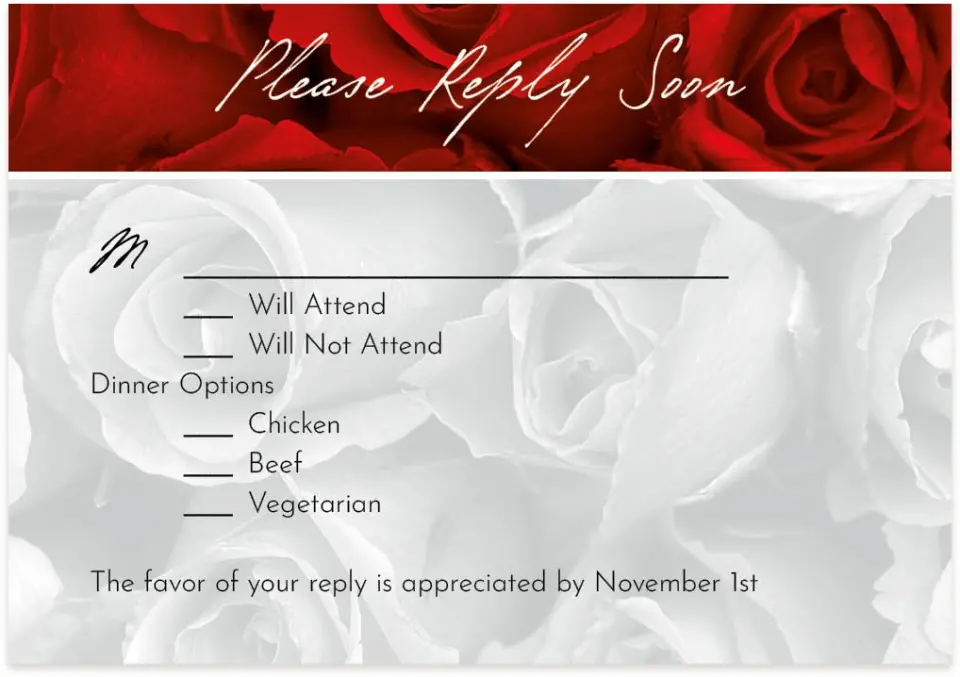 This is a 5" x 3½" Wedding Invitation RSVP Postcard called Dramatic Roses printed in full color on Premium Smooth paper