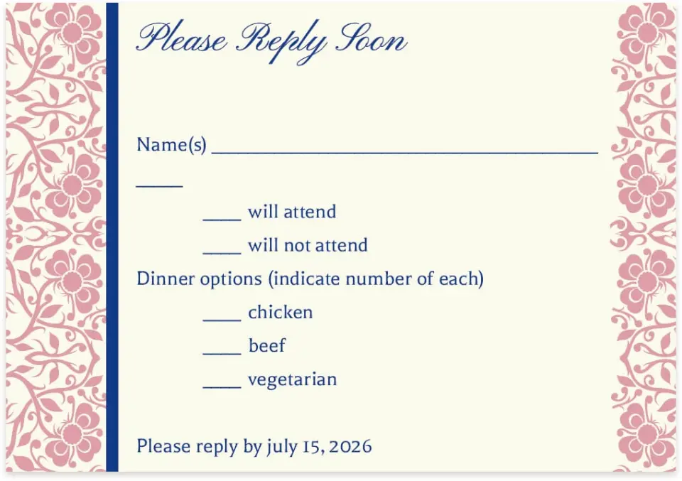 This is a 5" x 3½" Wedding Invitation RSVP Postcard called Floral Ornament printed in full color on Premium Smooth paper