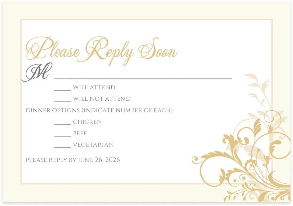 This is a 5" x 3½" Wedding Invitation RSVP Postcard called Classic Allure printed in full color with Silver foil on Luxe Satin (coated) paper