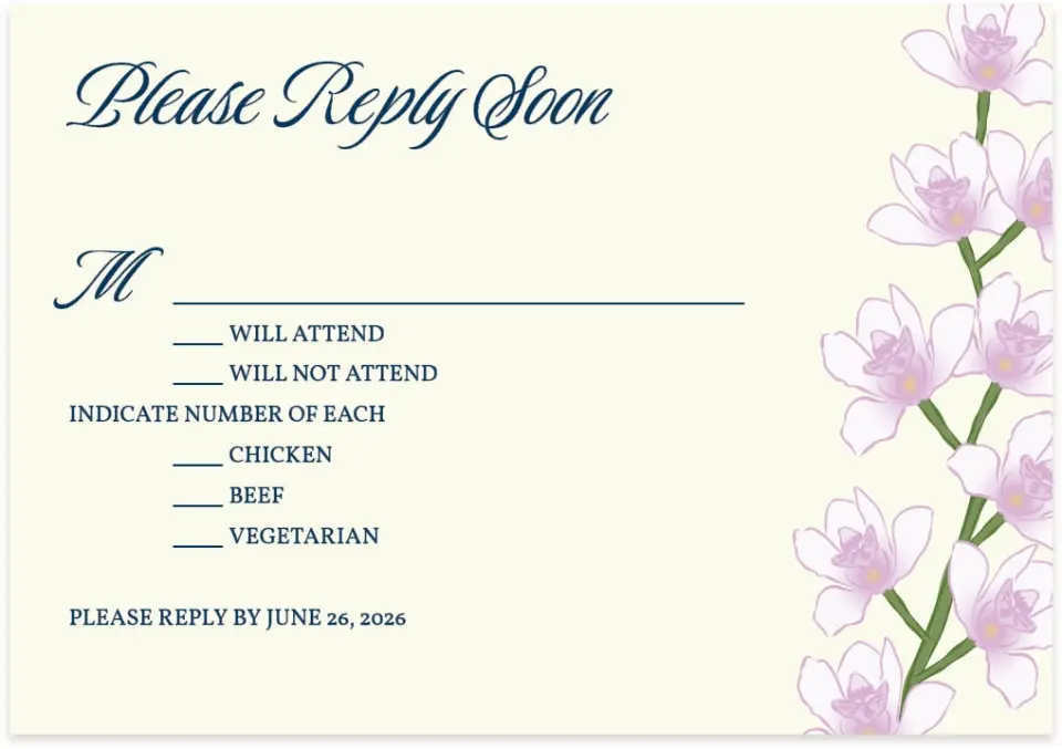 This is a 5" x 3½" Wedding Invitation RSVP Postcard called Waking Beauty printed in full color on Premium Smooth paper
