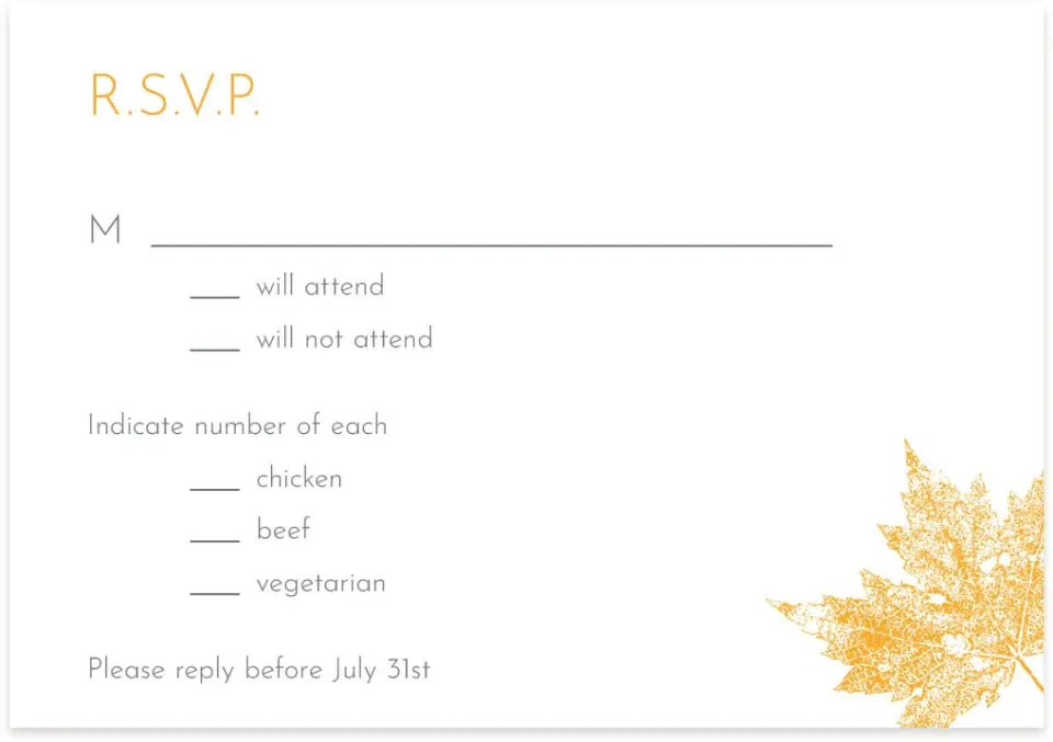 This is a 5" x 3½" Wedding Invitation RSVP Postcard called Autumn Stamp printed in full color on Premium Smooth paper