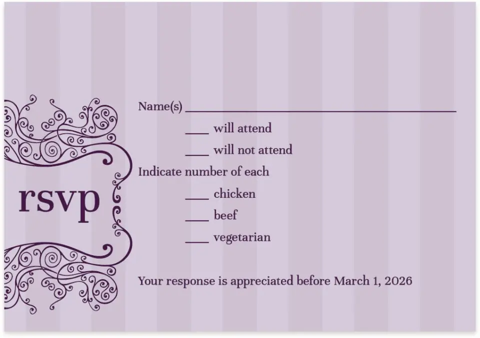 This is a 5" x 3½" Wedding Invitation RSVP Postcard called Lovely Lavender printed in full color on Premium Smooth paper