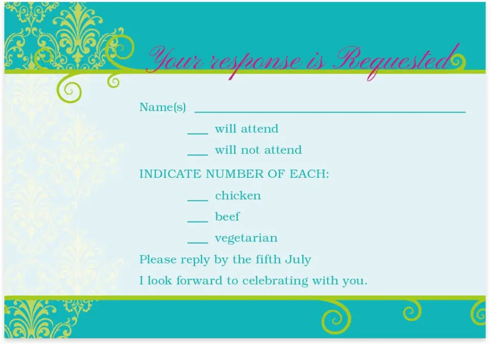 This is a 5" x 3½" Wedding Invitation RSVP Postcard called Glamorous printed in full color on Premium Smooth paper