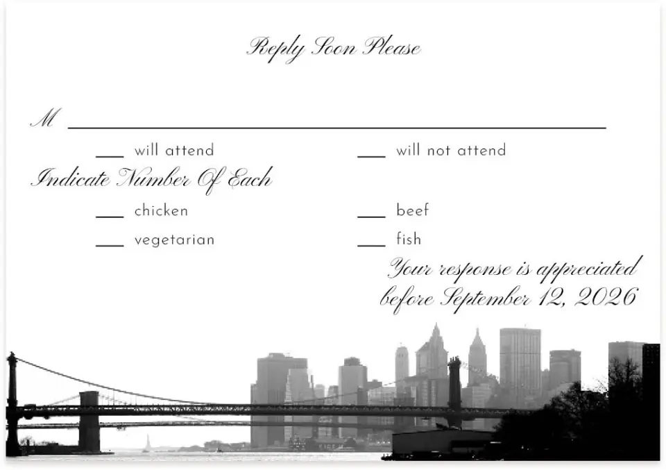 This is a 5" x 3½" Wedding Invitation RSVP Postcard called Classic New York printed in full color on Premium Smooth paper